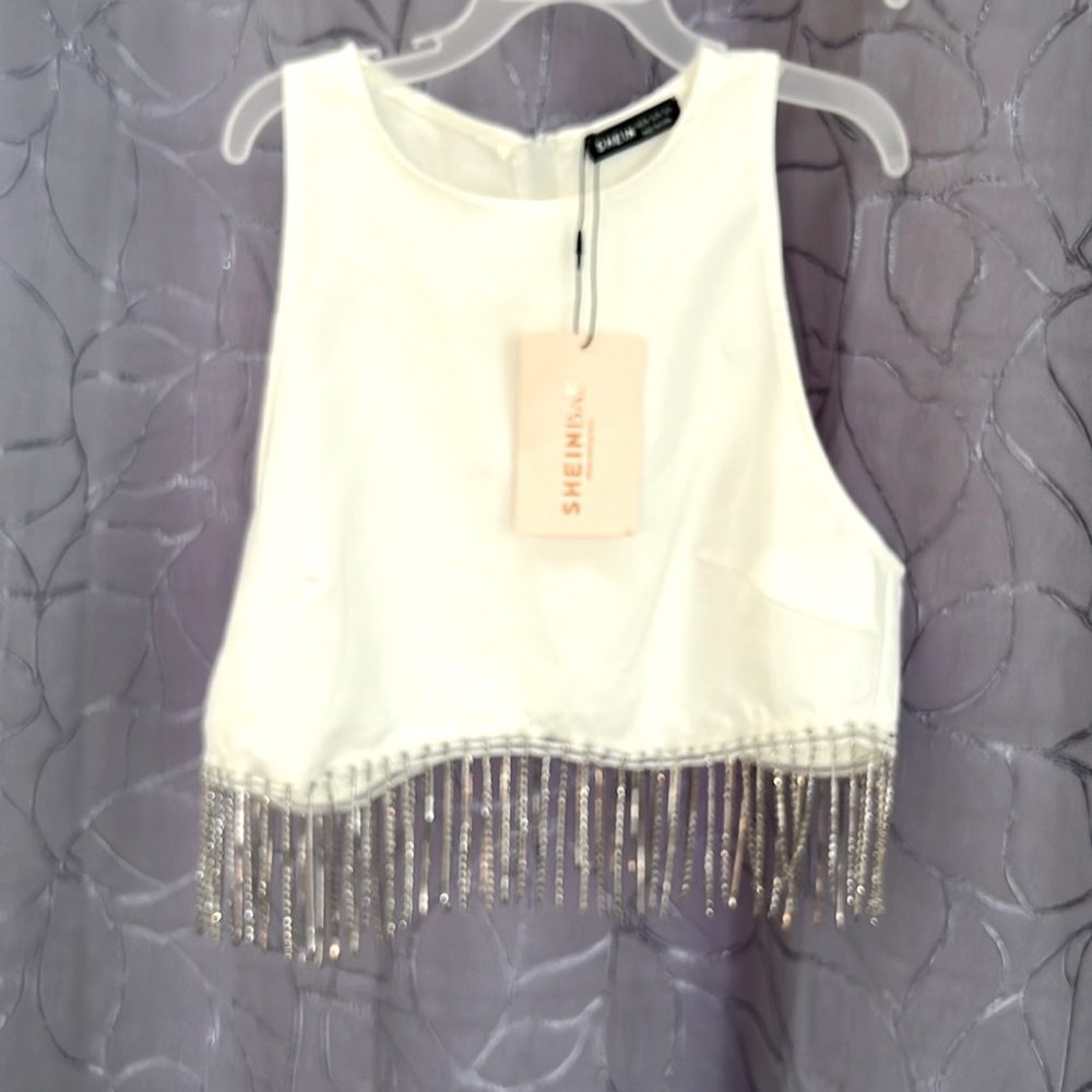 Sexy white jeweled fringe crop top
